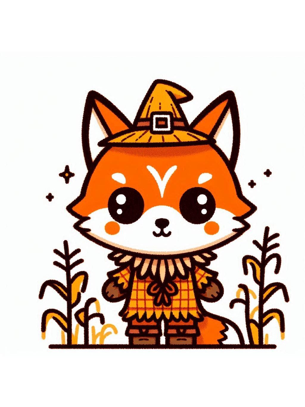 halloween cute animals drawings, featuring a cute fox dressed as a scarecrow amidst autumn scenery